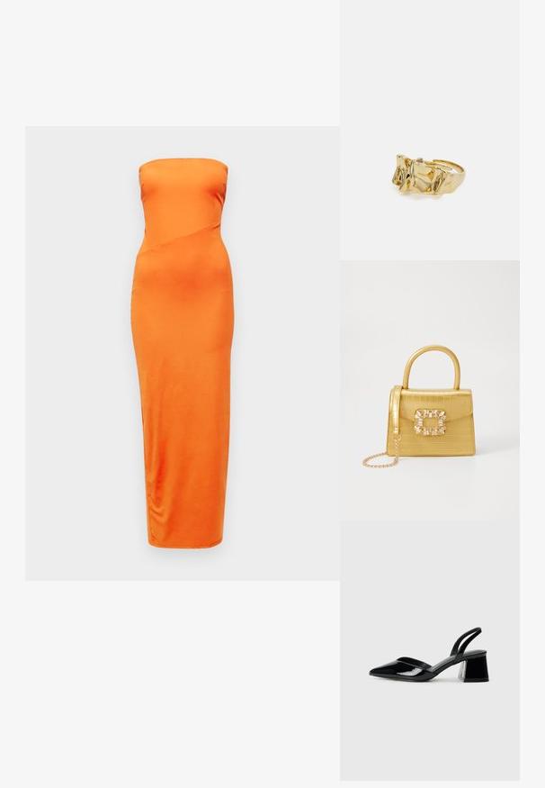 Bezgala dzeltena satīna kleita ar pieguļošu siluetu, kas iekļauj slīpu šuvju detaļu un taisnu apakšmalu, visā virsmā gluda tekstūra.; Melna lakota āda ar atvērto papēdi, ar smailu purngalu un ģeometrisku blokpapēdi. Iezīmējas elegants, minimāls dizains un gluda tekstūra.; Dzeltena mākslīgā krokodila roku soma ar strukturētu dizainu, augšējo rokturi, noņemamu ķēdes siksniņu un dekoratīvām kristāla rotājumiem aizdares daļā.; Zelta gredzens ar teksturētu, viļņotu dizainu, kas rotāts ar trim izteiktām virsotnēm. Gluda, spīdīga virsma ar atvērtu joslu, lai to varētu pielāgot.