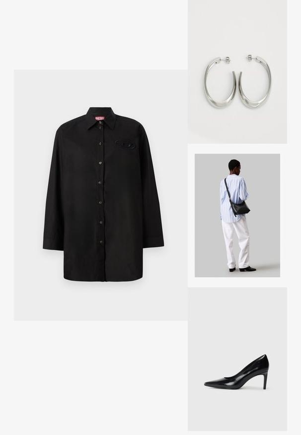Cămașă neagră cu mâneci lungi, confecționată dintr-un material neted, având un închidere cu butoane în față, guler ascuțit și un patch cu logo tonal pe piept.; Pantof de damă din piele neagră, cu toc înalt, vârf ascuțit, textură fină și toc conic. Design minimalist, fără embellishments suplimentare.; Geantă de umăr din piele neagră cu o textură moale, formă triunghiulară și curea ajustabilă, asortată cu o bluză cu dungi albastre deschise și pantaloni albi.; Cercei din argint, cu un design neted și curbat. Prezintă o finisare metalică strălucitoare și închidere cu stud. Fără modele sau accente vizibile.