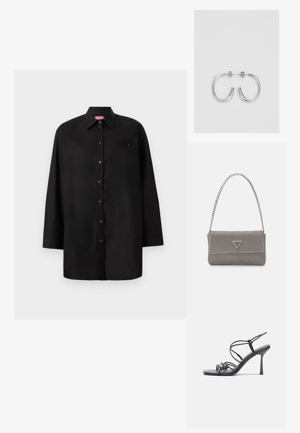 Juodas ilgomis rankovėmis marškinėliai, pagaminti iš lygios medžiagos, su sagų užtrauktuku priekyje, smailiu apykakle ir toniniu logotipo etikete ant krūtinės.; Juodos aukštakulnės sandalai pasižymi plonyčiais dirželiais su mazgo dizainu, lygiu kvadratiniu pirštu ir elegantišku stiletto kulnu.; Šviesiai pilka metalinė rankinė su grandinėlės dirželiu, papuošta mažais apvaliais metaliniais smeigėmis ir trikampiu prekės ženklu.; Sidabrinės auskarai žiedai su lygiu, blizgiu paviršiumi. Suapvalinta forma, lengvas dizainas, su uždarymu ant smeigtuko.