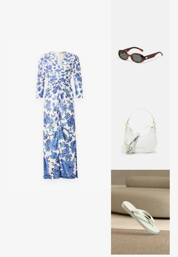 Maxi ruha fehér anyagból, kék virágmintával, hosszú ujjal, ráncolt részletekkel a deréknál és elöl zipzárral.; Világoszöld gumipapucs texturált talprészel és vékony pántokkal, egy puha, semleges tónusú háttér felett emelkedve.; Tortoiseshell napszemüveg sötét lencsékkel, ovális forma, széles karokkal. Jellemzője egy kis arany dísz oldalán. Simító műanyagból készült.; Fehér kézi táska ívelt sziluettel, textúrált bőrrel, arany kiegészítőkkel és levehető pánttal, amelyen logó és csat részlet található.
