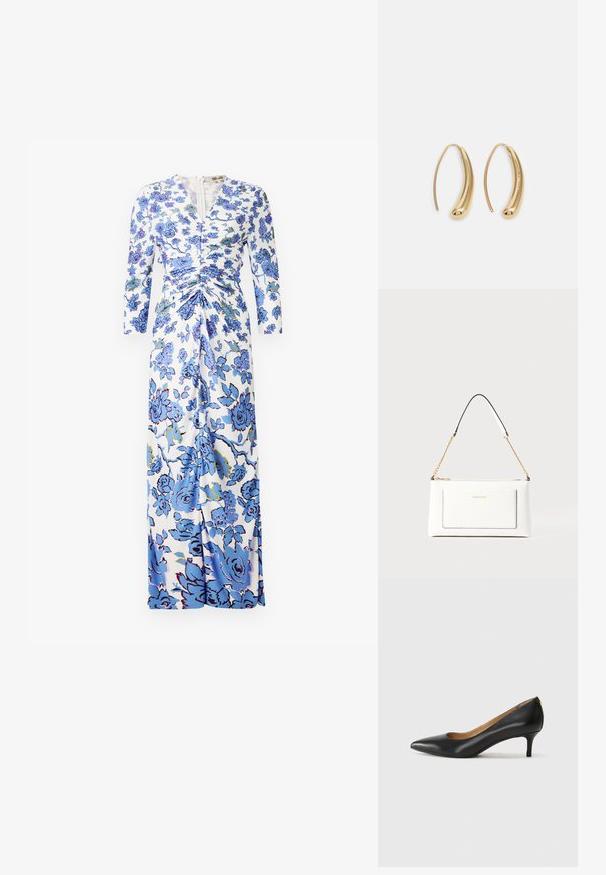 Vestido maxi de tela blanca con estampado floral azul, mangas largas, detalles fruncidos en la cintura y cierre de cremallera en el frente.; Zapato de tacón negro de cuero con punta afilada, tacón bajo y textura suave. Presenta una ligera apertura en la parte frontal y un hardware minimalista en la parte trasera.; Bolso de mano de cuero blanco con un acabado texturizado, que cuenta con una correa de cadena dorada y acentos negros. Incluye un bolsillo frontal y cierre de cremallera.; Pendientes de aro de metal en tono dorado con una forma curva y alargada. Presentan una superficie lisa y brillante y una punta redondeada para mayor detalle.