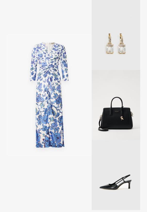 Rochie maxi din material alb cu model floral albastru, mâneci lungi, detalii pliate la talie și închidere cu fermoar frontal.; Pantofi cu toc slingback negri din patent, cu vârf ascuțit, cu imprimeu de șarpe texturat, curea ajustabilă și toc scurt texturat.; Geantă de mână din piele neagră cu un design structurat, mânere superioare duble, curea de umăr detasabilă, accesorii din aur și un pandantiv cu logo.; Cercei aurii care prezintă un cristal clar, rectangular, suspendat sub un rând de accente mici, rotunde, clare. Design elegant și modern.