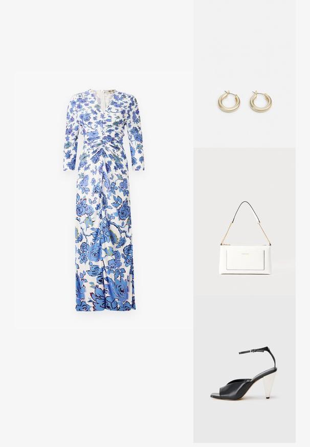 Maxi ruha fehér anyagból, kék virágmintával, hosszú ujjal, ráncolt részletekkel a deréknál és elöl zipzárral.; Fekete bőr magassarkú szandál nyitott orral, aszimmetrikus dizájnnal, bokapánttal és fémes kúpos sarokkal. Az anyag sima textúrájú.; Fehér bőr kézitáska, texturált felülettel, arany lánccal és fekete részletekkel. Elülső zsebbel és cipzáros zárással rendelkezik.; Lauren Ralph Lauren BASIC SMALL HOOP - Fülbevalók - gold-coloured