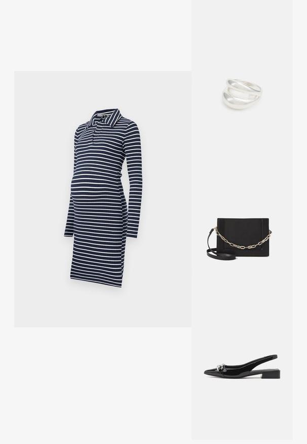 Tums zila un balta svītru grūtnieču kleita ar garām piedurknēm, apkakles dekoltē un ribotu tekstūru, kas paredzēta komfortam un pielāgošanai.; Melnas lakotas ādas slingback kurpes ar norādītu purngalu, sudraba aksesuāru detaļu un zemu blokveida papēdi. Gluda, spīdīga tekstūra visā apavā.; Melna ādas crossbody soma ar gludu faktūru, taisnstūrveida formu un metalizētu ķēdes detaļu priekšā. Iekļauta regulējama siksna.; Sudraba divu joslu gredzens ar gludu, pulētu virsmu. Iezīmējas ar plūstošu, izliekta dizaina struktūru ar pārklājošām sekcijām modernam izskatam.