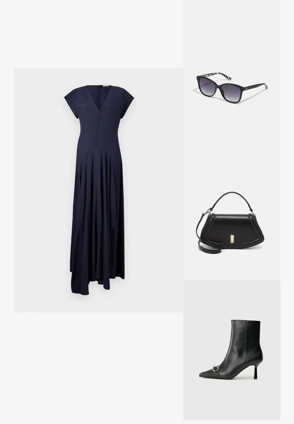 Βαθύ μπλε, φόρεμα μέχρι το πάτωμα με V λαιμόκοψη και κοντά μανίκια. Διαθέτει πτυχώσεις και κρυφό φερμουάρ στην πλάτη. Μαλακό υλικό.; Μαύρο δερμάτινο μποτάκι ζωής με κομψή μύτη, λεπτό μεσαίου ύψους τακούνι και ασημένια λεπτομέρεια με πόρπη στο πλάι, σε απλό φόντο.; Μαύρα γυαλιά ηλίου με gradient φακούς, τετράγωνο σχήμα και μια υφασμάτινη μπορντούρα σε μαύρο και λευκό. Διαθέτουν ασημένια λογότυπο.; Μαύρη δερμάτινη τσάντα με δομημένο σχέδιο, που διαθέτει κομμένο σχήμα, επάνω λαβή και χρυσά μεταλλικά στοιχεία. Περιλαμβάνει ρυθμιζόμενο λουρί ώμου.