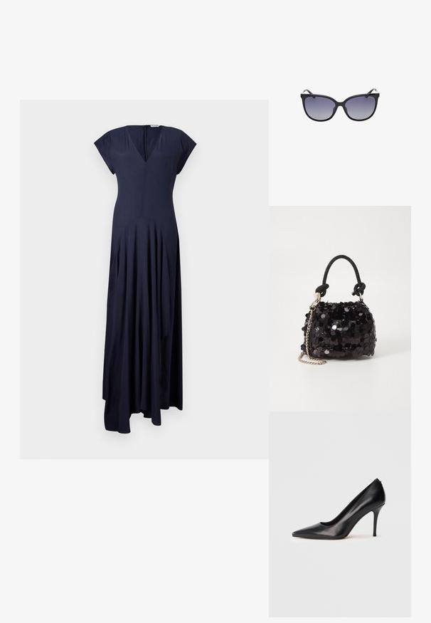 Granatowa, długa sukienka sięgająca do podłogi, z dekoltem w kształcie litery V i krótkimi rękawami. Zawiera plisowane detale oraz ukryty zamek z tyłu. Miękka tkanina.; Czarny skórzany pantofel na wysokim obcasie z zaostrzonym noskiem, gładką teksturą i eleganckim wzornictwem. Posiada smukły, podwyższony obcas oraz nisko wycięty przód.; Czarne okulary przeciwsłoneczne w kształcie kociego oka z gradientowymi soczewkami, z gładkim plastikowym ramkiem i subtelnymi metalowymi detalami na zausznikach.; Czarna mini torebka z cekinami, z węzłowym, teksturowanym paskiem i srebrnym łańcuchem. O zaokrąglonym kształcie z marszczoną górą i refleksyjnymi detalami.