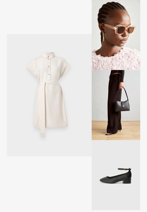Kreem värvi lühikeste varrukate ja kaelusega särgimekko, nööpidega esiosal ja vöödega. Sile tekstuur ning põlvepikkune hem, küljetaskudega.; Must mustaapp, millel on terav nina ja madal blokk-kand. Omab pahkluu rihma koos kuldse tooni pandlaga. Sile tekstuur.; Bežid suured prillid, millel on läbipaistev raam ja pruuni tooni läätsed, millel on peened lillemustrid ja julge geomeetriline disain.; Must musta kott, millel on struktureeritud kuju, sile tekstuur ja metallist klamber. Kombineeritud laiate mustade pükstega ja avatud varvaste sandaalidega puidust põrandal.