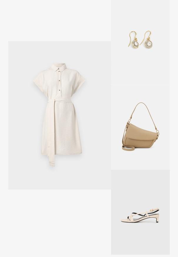 Kremasta haljina košulja kratkih rukava s ovratnikom, dugmadi sprijeda i remenom u struku. Glatka tekstura i dužina do koljena s bočnim džepovima.; Bež kožne sandale s remenčićima, križnim trakama, niskom potpeticom i crnim detaljima. Glatka tekstura i minimalistički dizajn.; Even&Odd Ručna torba - beige; Zlatne naušnice s ovalnim prozirnim kristalima okruženim manjim prozirnim kamenčićima, s dizajnom na kuku za sigurno nošenje.