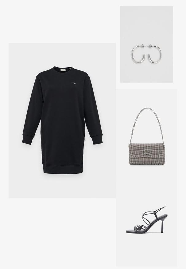 Rochie de tip sweatshirt neagră, cu mâneci lungi, guler rotund, manșete strânse și un mic logo brodat pe piept. Textură de țesătură netedă.; Sandale negre cu toc înalt au curele subțiri cu un design legat, un vârf pătrat neted și un toc stiletto elegant.; Geantă metalică gri deschis, cu un strap din lanț, decorată cu mici ținte circulare metalice și un logo de marcă triangular.; Cercei rotunzi din argint cu un finisaj neted și strălucitor. Design ușor, având o formă rotundă și închidere cu tijă.