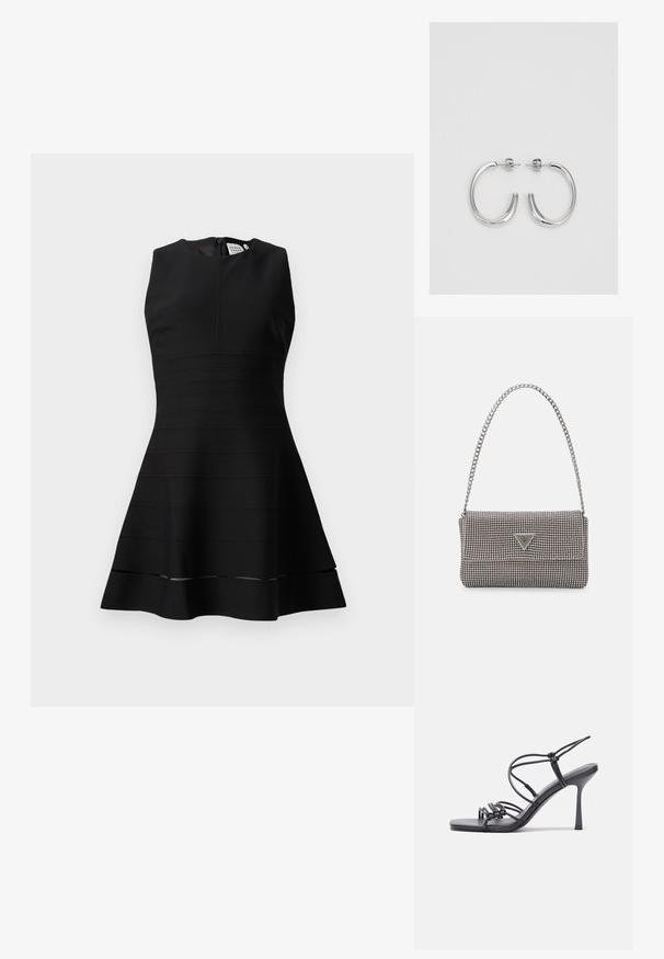 Musta ilmanhiha dressi, jossa on tiukka vartalonmyötäinen yläosa ja levenevä hameosa. Sisältää tekstuurisia vaakaraitatietoja ja takana vetoketjukiinnitys.; Mustat korkokengät sandaalit, joissa on ohuet hihnat solmittuna, sileä neliön muotoinen varvasosa ja tyylikäs stiletto-korko.; Vaalea harmaa metallinen käsilaukku, jossa on ketjusanka. Laukku on koristeltu pienillä pyöreillä metallikoruilla ja kolmion muotoisella brändilogolla.; Hopehopeet hopehopeet hopehopeet hopehopeet, jolla on sileä, kiiltävä pinta. Pyöreä muoto, kevyt rakenne, jossa on neulakiinnitys.