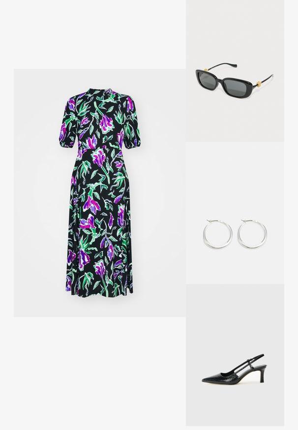 Diane von Furstenberg NELLA DRESS - Denní šaty - violet; Černé lakované slingback podpatky s špičatou špičkou, zdobené texturovaným hadím vzorem, nastavovacím páskem a krátkým texturovaným blokovým podpatkem.; Černé obdélníkové sluneční brýle se šedými čočkami a zlatými akcenty ve tvaru lví hlavy na stranách. Hladký plastový rám, elegantní design.; Stříbrné kroužkové náušnice mají hladký, zaoblený design s tenkým profilem a bezpečným zapínáním. Minimalistický styl s lesklým povrchem.