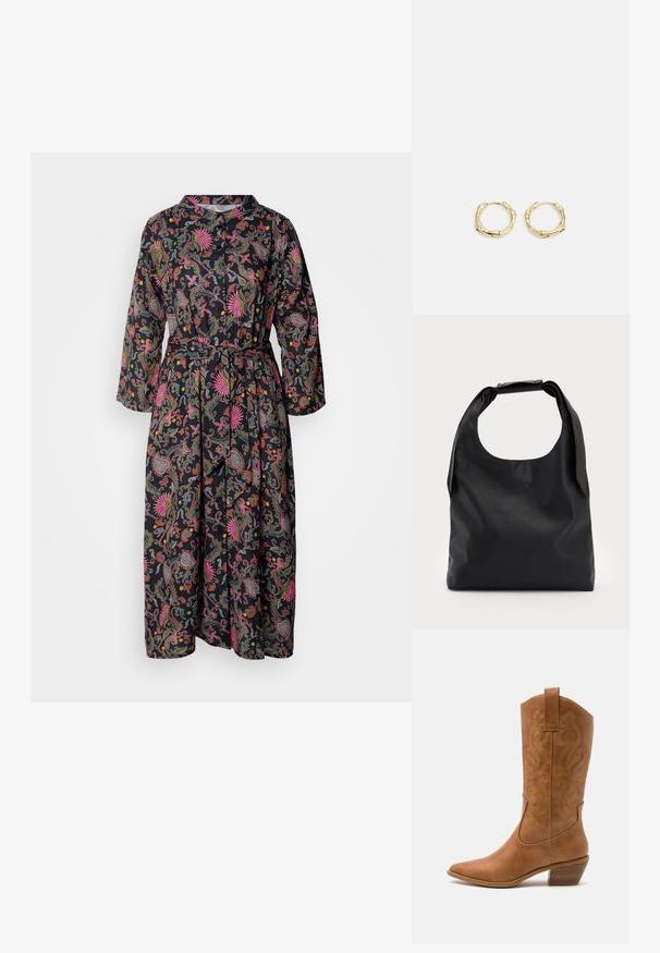 Vestido com estampa floral em preto, apresentando mangas longas, frente abotoada e um cinto combinando. O tecido possui uma textura suave e cores vibrantes.; Bota de cowboy em couro cáqui com bico pontiagudo, padrões de bordado em espiral no cano e um salto em bloco empilhado. Inclui uma alça para fácil calçar.; Saco hobo de couro preto com uma única alça suave e arredondada; apresenta uma textura suave e um design minimalista. Sem hardware ou acabamentos visíveis.; Brincos de argola dourados com um formato irregular e texturizado. Apresentam um fecho sem emenda e um acabamento polido, destacando um design moderno.