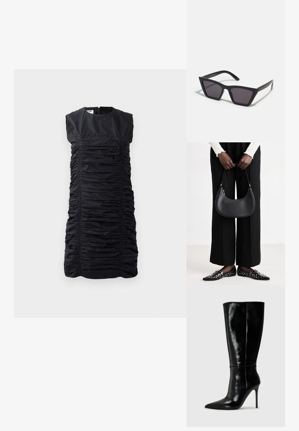 Črna brezrokavnik obleka z nabranimi teksturami, z vertikalnim nabiranjem in visokim ovratnikom. Zapiranje na zadrgo na hrbtu. Elegantna, krojena silhueta.; Črne usnjene škornje do kolen s koničastim nosom in visokim stiletto peto. Gladka tekstura in eleganten dizajn, ki vključuje minimalne detajle.; Črne, angularne sončne očala z sivimi lečami; izdelana iz plastike, imajo debele ročke z gladko površino in brez vidne opreme.; Črna usnjena torba za ramo z zaokroženo obliko, sijajno površino in srebrnimi dodatki. Oseba nosi črne široke hlače in loaferje s konicami.