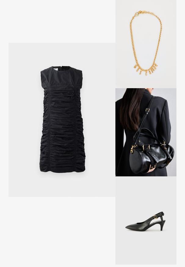 Fekete, ujjatlan ruha, összegyűrődött textúrával, függőleges ráncolással és magas nyakkivágással. Hátul zipzáras záródás. Elegáns, testhezálló sziluett.; Fekete bőr slingback szivattyú hegyes orral, kis sarokkal és csat részlettel a bokapánton. Simaság, minimalista dizájn.; Fekete bőr kézitáska lekerekített formával, aranyhardverrel és állítható pántokkal. Texturált fekete bőr és bézs részletek díszítik.; Arany lánc nyaklánc, amelyen az "MOSCATO" szót formázó fityegők találhatók. Simára csiszolt felület, húzós kapocs és különböző méretű láncszemek.