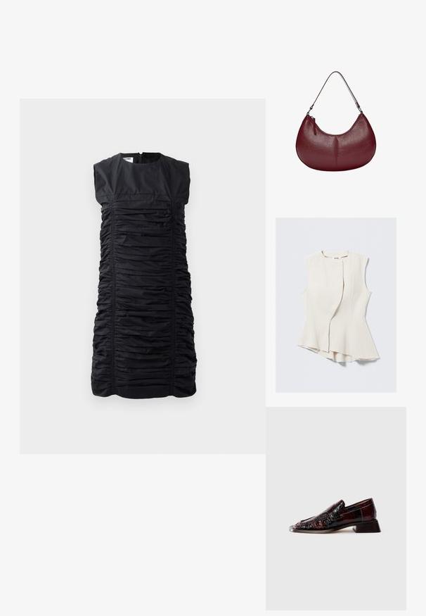 Rochie neagră fără mâneci, cu un aspect texturat adunat, prezentând pliuri verticale și un decolteu înalt. Închidere cu fermoar la spate. Siluetă elegantă și croi personalizat.; Top bej fără mâneci, cu un tiv asimetric unic și un material texturat. Are un design cu suprapunere frontală, margini nefinisate și o strălucire subtilă.; Mocasini din piele laică de culoare burgundă închisă, cu finition texturat, toc mic și detalii clasice cu bandă pentru monede, prezentat din lateral.; Geantă de piele burgundy cu o formă curbată. Prezintă o curea de umăr unică și un fermoar superior, evidențiind o suprafață netedă, texturată.