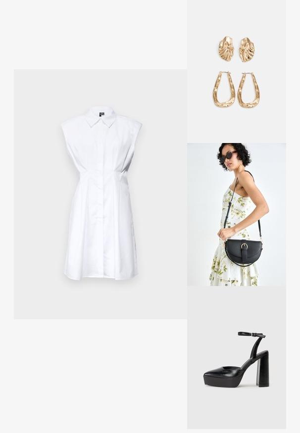 Balta bezpiedurkņu kleita ar klasisku apkakli, priekšējo pogu aizdari, piegriezumu jostasvietā un strukturētu siluetu.; Melnas platformas papēžs ar norādītu purngala formu un regulējamu potītes siksniņu. Izgatavotas no gludas ādas, ar masīvu bloku papēdi.; Melnas ādas rokassoma ar izliekta formu, noņemamu siksnu un zelta aksesuāriem. Somai ir vāciņš ar sprādzes detaļu.; Zelta krāsas auskari ar teksturētām, viļņotām formām. Iekļauts skulpturāls piespraužams modelis un atvērta gredzenveida konstrukcija ar izsistām virsmām.