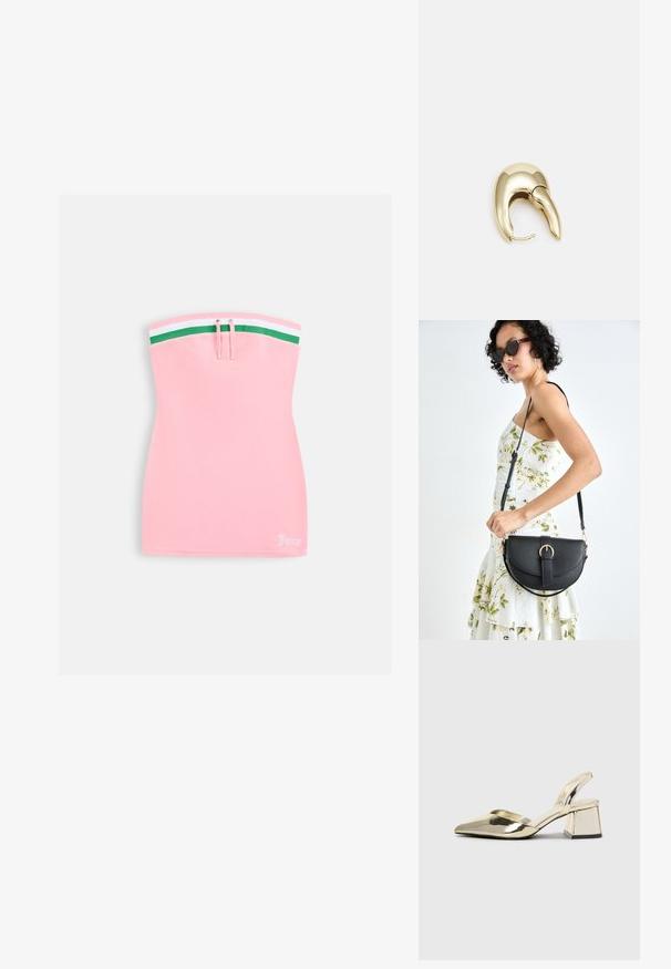 Ružičasta mini haljina bez naramenica s prugastim zeleno-bijelim rubom na vrhu, detaljem s vezicama i malim bijelim natpisom "Juicy" na donjem rubu.; Zlatni metalik slingback sandali s šiljatim vrhom i debelim potpeticama. Glatka tekstura, minimalistički dizajn i uski remen.; Crna kožna torba s lukovitim oblikom, odvojivim remenom i zlatnim detaljima. Torba ima preklop s kopčom.; Zlatne metalne naušnice s elegantnim, zakrivljenim dizajnom. Imaju karakterističan šiljast oblik, poliranu površinu i zatvaranje na šarku.
