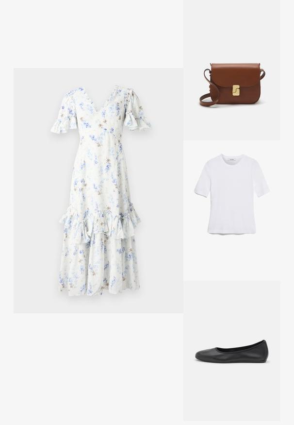 Blomster midi kjole i lyseblå og hvid med puffede ærmer, V-hals og volangkant, med spredte mørkebrune detaljer og mønstre.; Hvid kortærmet t-shirt lavet af ribbet stof. Rund halsudskæring, almindelig pasform og subtile syninger. Ingen mønstre eller grafik.; Sort læderballetsko med rund tå, glat tekstur, minimal syning og et fleksibelt såldesign.; Brun læder håndtaske med flaplukning, hardware i gyldent tone, en skulderrem og en glat overflade. Kompakt rektangulær form.