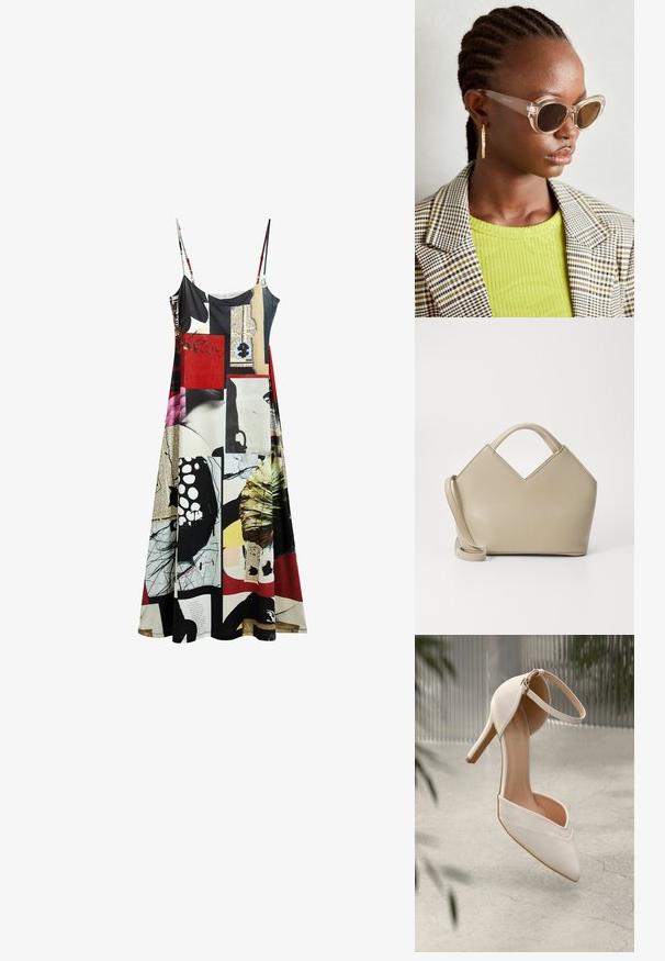 Vékony pántokkal ellátott ruha, sokszínű foltvarrásos mintával, amely absztrakt mintákat tartalmaz, beleértve a piros, fekete és fehér árnyalatokat. Puha anyagtextúra.; Fehér magassarkú cipő sima anyagból, hegyes orral és bokapánttal. Világos bézs belső és aranyszínű hardver díszítés jellemzi.; Tiszta macskaszem napszemüveg barna lencsékkel és átlátszó kerettel. Model éppen egy zöld bordázott felsőt és kockás blézert visel. Arany fülbevalók.; Beige struktúrált kézitáska V-alakú tetejével, sima bőr anyaggal, rövid fogantyúkkal és hosszú állítható pánttal. Minimál stílusú design.