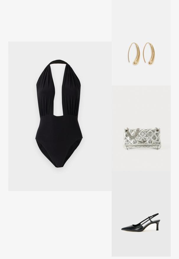 Čierny jednodielny plavky s dizajnom s halter krkom, hlbokým výstrihom vpredu, zhrnutou látkou pri dekolte a hladkou textúrou.; Čierne patentové slingback topánky na ihlovom podpätku s špicatou špičkou, s textúrovaným hadím vzorom, nastaviteľným popruhom a krátkym, textúrovaným blokovým podpätkom.; Strieborná metalická kabelka s reťazovým držadlom, prešívanou textúrou, dekoratívnym prešívaním a zipsovým uzáverom. Na prednej strane má vyrazené akcenty.; Náušnice vo forme zlatých kovových kruhov s zakriveným, predĺženým tvarom. Majú hladký, lesklý povrch a zaoblený koniec pre pridanie detailu.
