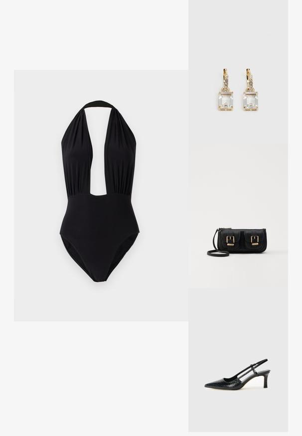 Svart badingdrakt i ett stykke med halterneck-design, dyp utringning foran, samlet stoff ved bysten, og en glatt tekstur.; Sorte patent slingback hæl med spids tå, featuring tekstureret slangeskind, justerbar rem og en kort, tekstureret blokhæl.; Svart skinn crossbody veske med to frontlommer, gyldne spenner, glidelåslukking og en slank stropp. Teksturert overflate og kompakt rektangulær form.; Gullfargede øreringer med en rektangulær, klar krystall som henger under en rad av små, runde klare akenter. Elegante, moderne design.