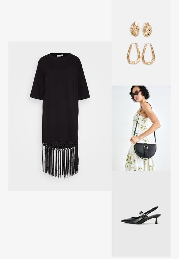 Fekete ruha puha anyagból, kerek nyakkal, rövid ujjakkal és szőtt részletekkel ellátott rojtos aljjal.; Fekete lakkbőr slingback sarkú cipők hegyes orral és kis blokk talppal, ezüst csat díszítéssel a pánton.; Fekete bőrtáska ívelt formával, levehető pánttal és arany színű fémrészekkel. A táskán egy csattal díszített fedél található.; Aranyszínű fülbevalók, texturált, hullámos formákkal. Tartalmazza a szobrászati klipszes studokat és az open hoop kialakítást, kalapácsos felülettel.