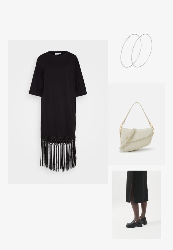 Musta mekko pehmeästä kankaasta, jossa on pyöreä kaula-aukko, lyhyet hihat ja nyörityksellä varustettu helma, jossa on kudontatietoja alhaalla.; Mustat nahkakengät pyöreällä kärjellä, paksulla lohkopohjalla ja joustavilla sivuakkesseilla, yhdistettynä tummiin sukkahousuihin ja mustaan hameeseen, jossa on halkio.; Pieni kerma beige käsilaukku, jossa on teksturoitu pinta, pitkä säädettävä olkahihna, ketjua korostava yksityiskohta ja läppälukko. Kultaista metalliosaa.; Hopehope hopeilla, joissa on minimalistinen muotoilu. Pyöreä muoto, sileä pinta ja ohut profiili. Kevyet ja kiillotetut.
