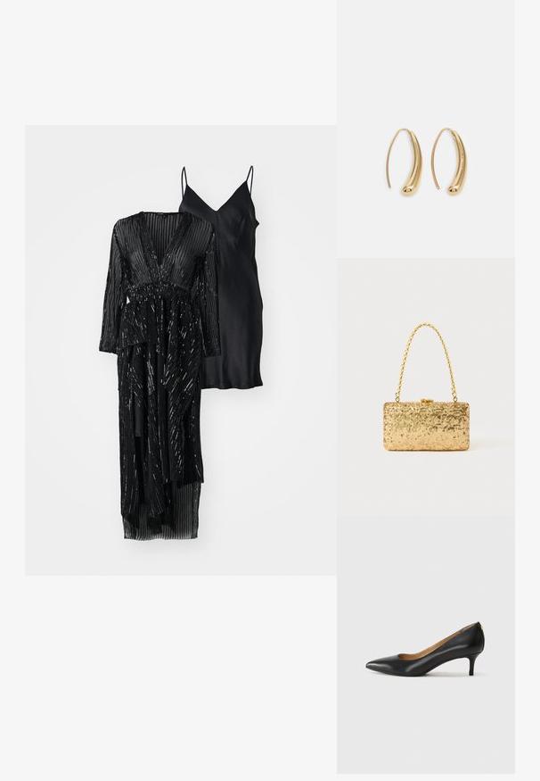Černá sada šatů, která obsahuje dlouhou vnější vrstvu zdobenou flitry s hlubokým V-výstřihem a černé saténové vnitřní šaty na tenkých ramínkách.; Černé kožené lodičky s špičatou špičkou, nízkým podpatkem a hladkým povrchem. Mají mírné otevření vpředu a minimální kovové prvky na zadní straně.; Zlatá flitrová kabelka ve tvaru obdélníku, s propleteným řetízkovým uchem a kovovým zapínáním, odrážející světlo s texturovaným povrchem.; Náušnice ve tvaru kruhu z pozlaceného kovu s vroubkovaným, prodlouženým tvarem. Mají hladký, lesklý povrch a zaoblený konec pro zvýraznění detailu.
