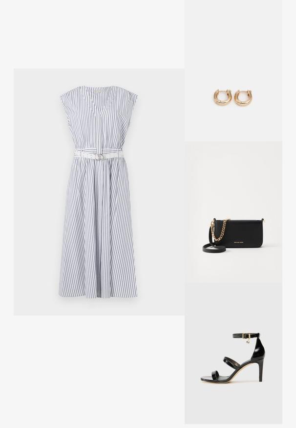 Svītrainā bezpiedurkņu kleita gaismai zila un baltā krāsā, ar V veida kakla izgriezumu, cieši pieguļošu jostasvietu ar baltu jostu un izplestu svārku.; Melnas lakota ādas sandalēs ar trim siksnām, potītes sprādzi un 4 collu stiletto papēdi. Iespējas ar zelta detaļām un logotipa piekariņu.; Melnas ādas rokassomā ar zelta ķēdes akcentiem, gluda tekstūra un zelta logotipa noformējums. Iekļauta regulējama siksna daudzpusīgai valkāšanai.; Zelta auskari ar pulētu virsmu, ar biezu, apaļu dizainu un drošu aizvēršanas mehānismu. Gluda tekstūra un spīdīga izskats.