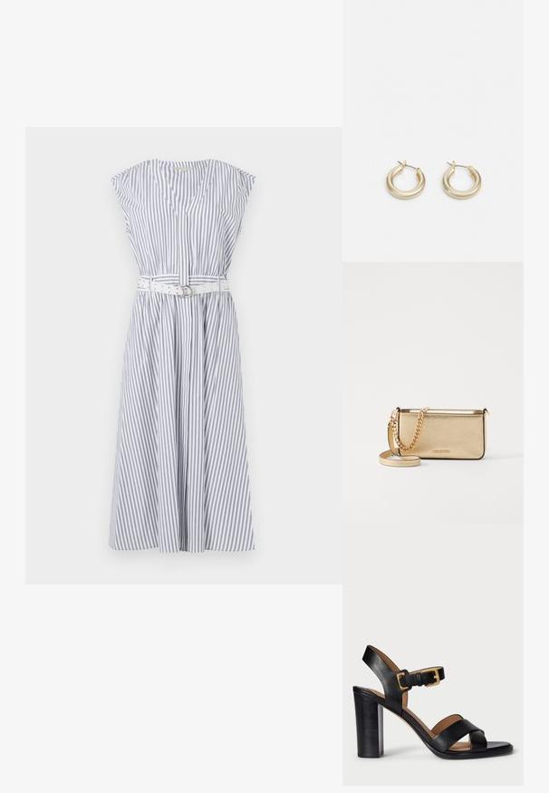Vestido sem mangas riscado em azul claro e branco, com decote em V, cintura ajustada com um cinto branco e saia rodada.; Sandálias de salto alto em couro preto com design de tiras cruzadas e fecho com fivela. Apresentam um salto robusto e textura suave.; Clutch de couro dourado metálico com um acabamento texturizado, apresentando uma alça de corrente dourada e uma alça de ombro removível. Logotipo da marca em relevo.; Lauren Ralph Lauren BASIC SMALL HOOP - Brincos - gold-coloured
