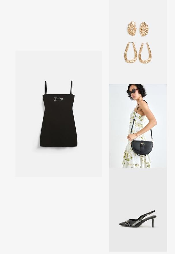 Vestido preto sem mangas com alças finas, feito de tecido suave. Apresenta um logo em strass prateado "Juicy" na frente.; Sapato slingback preto em pele patentada com bico apontado, tiras no tornozelo apresentando fivelas e acessórios prateados, e um salto elegante.; Bolsa de couro preta com forma curva, alça destacável e detalhes em dourado. A bolsa possui uma aba com detalhe de fivela.; Brincos em tom de ouro com formas onduladas e texturizadas. Inclui studs escultóricos com presilha e um design de argola aberta com um acabamento martelado.