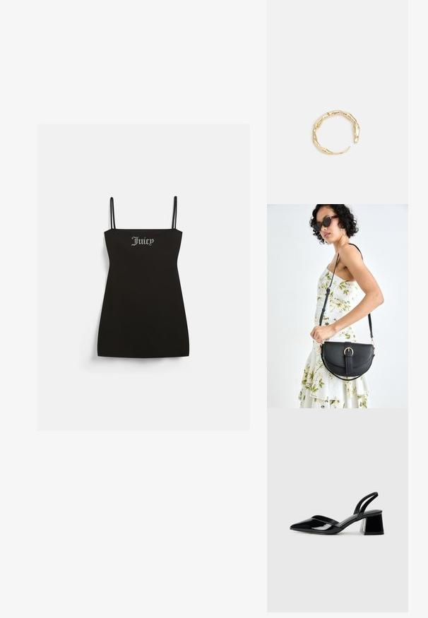 Must have õhukesed rihmadeta must kleit, valmistatud pehmest kangast. Ees on hõbedane rhinestone "Juicy" logo.; Mustad musta lakknahk kingad, millel on terav varvas ja geomeetriline plokkkonts. Omab elegantselt minimalistlikku disaini ja sujuvat tekstuuri.; Mustmust mustraha kõverate joontega, eemaldatava rihmaga ja kuldsete detailidega. Kotil on klapp, millel on pandladetail.; Kuldtoonis sõrmus, millel on orgaaniline, keerdunud disain sileda tekstuuri ja kitsenevate otstega, luues kaasaegse skulptuurilise välimuse.