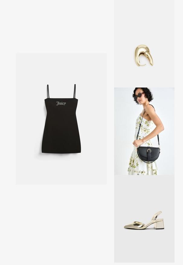 Czarna sukienka bez rękawów z cienkimi ramiączkami, uszyta z miękkiego materiału. Posiada srebrny logo „Juicy” z cyrkoniami na przodzie.; Złote, metaliczne szpilki z boku z wydłużonym noskiem i grubym obcasem. Gładka faktura, minimalistyczny design i wąski pasek.; Czarna skórzana torebka o zakrzywionym kształcie, z odpinanym paskiem i złotymi akcentami. Torebka posiada klapę z zapięciem w kształcie klamry.; Złote metalowe kolczyki o eleganckim, zakrzywionym kształcie. Posiadają charakterystyczny szpiczasty kształt, polerowaną powierzchnię oraz zapięcie na zawias.