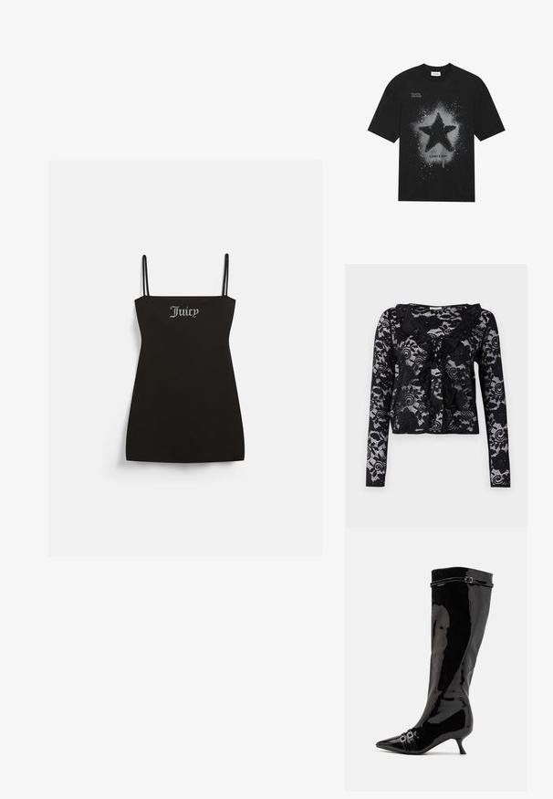Juodą be rankovių suknelę su plonais petnešomis, pagamintą iš minkštos medžiagos. Priekyje yra sidabro spalvos blizgučių "Juicy" logotipas.; Juoda nėrinių kardiganas su ilgomis rankovėmis, gėlėti raštai, volangų apykaklė, atvira priekinė dalis ir raištelių detalė kaklo srityje.; Juodas medvilninis marškinėliai su dideliu pilku žvaigždės grafiku, padengtu purslų efektu. Viršuje užrašas "Svajok didelius, spindėk ryškiai", apačioje "Kosminis mados".; Knee-high juodi lakuoti odiniai batai su smailiu pirštu, mažu kulnu ir dviem sagtimis šalia kulkšnies. Lygus, blizgus paviršius.