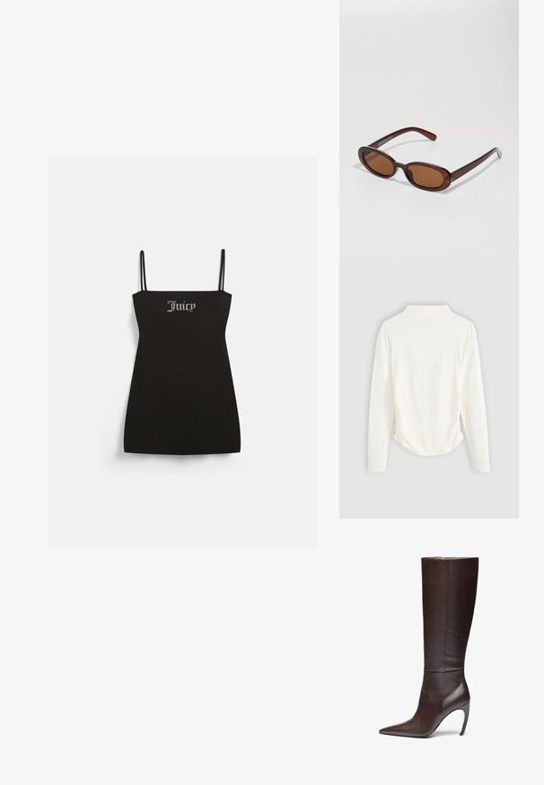 Černé šaty bez rukávů s tenkými ramínky, vyrobené z jemné látky. Na přední straně je stříbrné kamínkové logo "Juicy".; Halenka s dlouhým rukávem v krémové barvě, s mírným řasením po stranách a klasickým límcem. Hladká textura, jednoduchý design.; Hnědá kožená vysoká bota s špičatou špičkou a stiletto podpatkem, s hladkým povrchem a minimalistickým designem.; Kulaté sluneční brýle hnědé barvy s lesklým burgundským rámem. Úzké nožičky s jemným logem. Rovné čočky.; Hnědá pletená kožená kabelka s uvolněným trojúhelníkovým tvarem. Disponuje spleteným uchem a zipovým uzavíráním na vrchu.