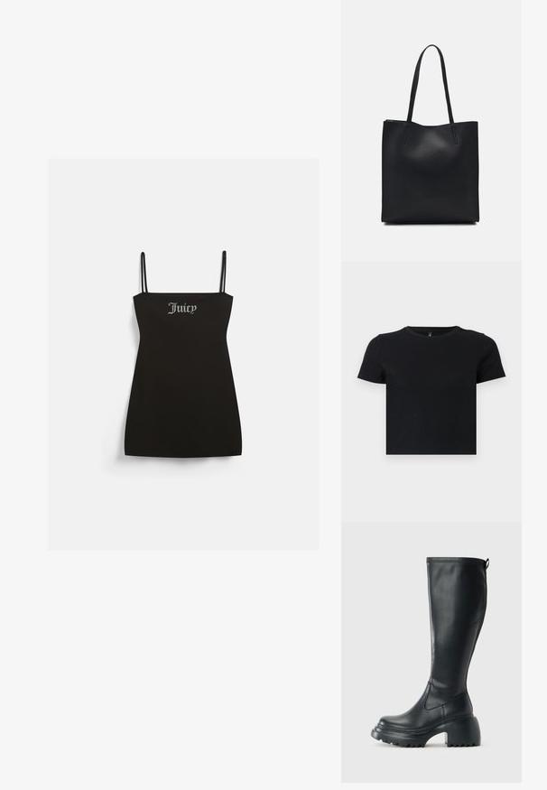 Czarna sukienka bez rękawów z cienkimi ramiączkami, uszyta z miękkiego materiału. Posiada srebrny logo „Juicy” z cyrkoniami na przodzie.; Czarny t-shirt z krótkim rękawem wykonany z miękkiej bawełny. Posiada okrągły dekolt i dopasowany krój. Gładka tekstura bez wzorów lub akcentów.; Wysokie czarne skórzane botki z masywną platformą i słupkowym obcasem, z uchwytem i teksturowanym bieżnikiem na podeszwie.; Czarna skórzana torba tote o gładkiej fakturze, prostokątnym kształcie i dwóch długich uchwytach. Brak widocznych elementów metalowych i ozdób.