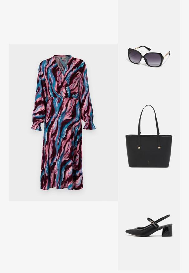 Vestido largo de estilo envolvente con un patrón en espiral de color burdeos oscuro, rosa y azul. Confeccionado con una tela ligera y mangas con volantes.; Tacones slingback de charol negro con punta afilada, un diseño de corte redondeado y tacón bloque. Incluye un detalle de hebilla en tono dorado.; Gafas de sol negras de gran tamaño con lentes degradados, montura gruesa y detalles de cadena en tono dorado en las patillas.; Bolso tote negro hecho de material sintético, con un diseño rectangular simple, acentos cuadrados dorados y asas dobles.