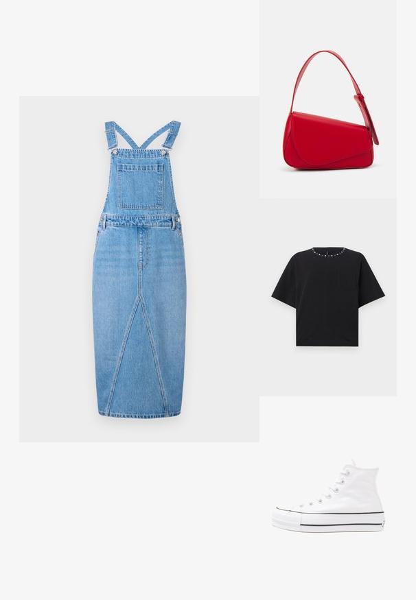 Lys blå denim sommerkjole med justerbare stropper, en frontlomme, en rett skjørt med en subtil splitt og en glatt tekstur.; Svart kortermet t-skjorte med rund hals, pyntet med sølvfargede nagler og en liten brystlomme. Laget av myk bomullsblanding.; Hvit høy-skinn kanvas sneakers med svart gummisåle, gummitåhette foran og seks hull for snorer, med et rent, minimalistisk design.; Rød lærveske med en vinklet, geometrisk design. Har en enkelt justerbar stropp og en klaffelukking med sydd detaljer.