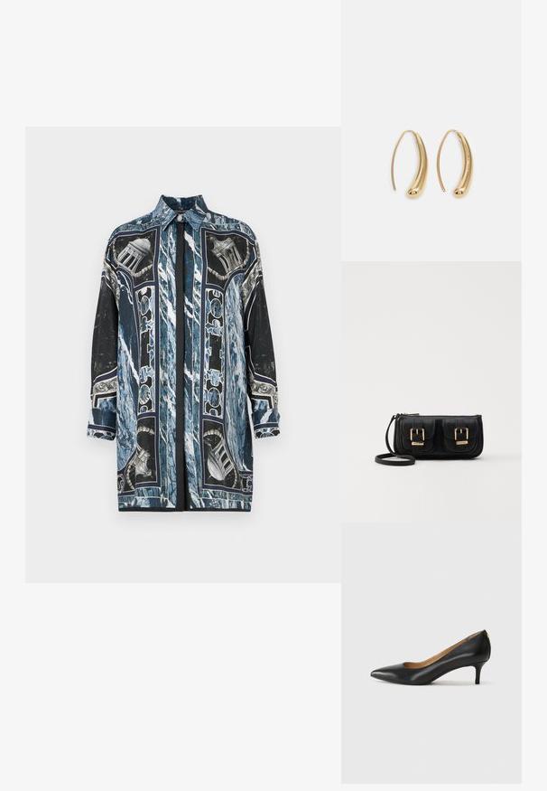 Camicia a maniche lunghe in blu e nero, caratterizzata da un motivo marmorizzato e dettagli architettonici, realizzata in tessuto liscio con colletto a punta.; Décolleté in pelle nera con punta affilata, tacco basso e texture liscia. Presenta un leggero apertura sulla parte anteriore e hardware minimale sul retro.; Borsa a tracolla nera in pelle con due tasche frontali, fibbie dorate, chiusura con zip e una tracolla sottile. Superficie texturizzata e forma rettangolare compatta.; Orecchini a cerchio in metallo color oro con forma curva ed allungata. Presentano una superficie liscia e lucida e una punta arrotondata per un tocco di dettaglio in più.
