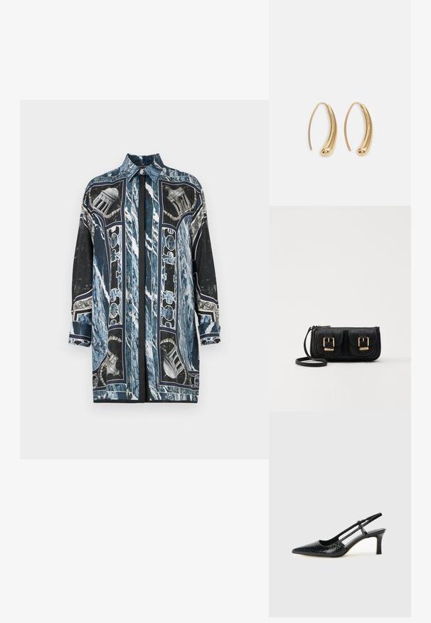 Mėlyna ir juoda ilgomis rankovėmis marškinėliai, su marmuro raštu ir architektūriniais akcentais, pagaminti iš lygaus audinio su smailiu apykakle.; Juodai lakuoti slingback aukštakulniai su smailiu nosiu, su tekstūruotu gyvatės raštu, reguliuojama juosta ir trumpu, tekstūruotu blokiniu kulnu.; Juodas odinis per petį nešiojamas krepšys su dviem priekiniais kišenėmis, auksiniais sagtimis, užtrauktuko uždarymu ir siauromis petnešomis. Textūruota paviršius ir kompaktiškas stačiakampis formatas.; Auksinės metalinės auskarų kabės su lenktą, pailgą forma. Turi lygų, blizgantį paviršių ir užapvalintą galiuką papildomam akcentui.