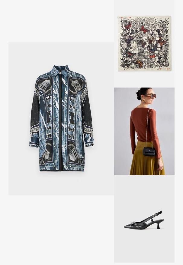 Koszula z długim rękawem w kolorze niebiesko-czarnym, z marmurkowym wzorem i architektonicznymi detalami, wykonana z gładkiego materiału z kołnierzykiem w kształcie szpicu.; Czarne skórzane buty typu slingback z ostrym noskiem, ozdobnymi paskami z metalowymi oczkami oraz niskim klinowym obcasem. Teksturowana powierzchnia.; Kwadratowy jedwabny szalik z szczegółowymi ilustracjami motyli w różnych kolorach na jasnym tle, z czarnymi konturami i dekoracyjnymi wzorami.; Vivienne Westwood - Torba na ramię