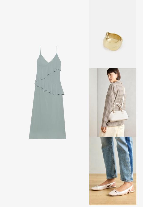 Vestido sem mangas azul claro com um design de camadas em rufos, bainha reta e alças finas, feito de um tecido liso e leve.; Sapatilhas slingback de cor rosa pálido com bico fino, feitas de um material semelhante a couro liso. Apresentam detalhes recortados nas laterais e um salto plano.; Bolsa estruturada branca com alças curtas e uma alça de ombro, com detalhes em hardware dourado e material texturizado, exibida contra um fundo cinza.; Anel dourado com um design liso e torcido. Apresenta uma superfície polida e bordas arredondadas, criando uma forma fluida e sem costura.