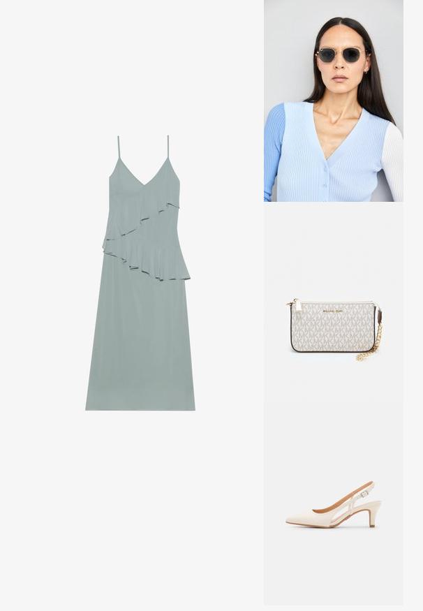 Šviesiai mėlyna be rankovių suknelė su sluoksniuoto volano dizainu, tiesiu apvadu ir plonais dirželiais, pagaminta iš minkštos, lengvos medžiagos.; Balti slingback kulniukai su smailiu pirštu, lygia viršutine medžiaga, žemu blokuotu kulnu ir šoniniu išpjovimu su reguliuojamu sagtimi.; Apskriti saulės akiniai su tamsiais objektyvais ir auksiniais rėmeliais. Modelis vilki šviesiai mėlyną, raukinį kardiganą su mygtukais ir kontrastingomis baltomis rankovėmis.; Michael Kors rankinė smėlio spalvos dengto kanvoje su pakartotiniu MK logotipo raštu, auksinėmis detalėmis ir nuimamu grandininiu dirželiu.