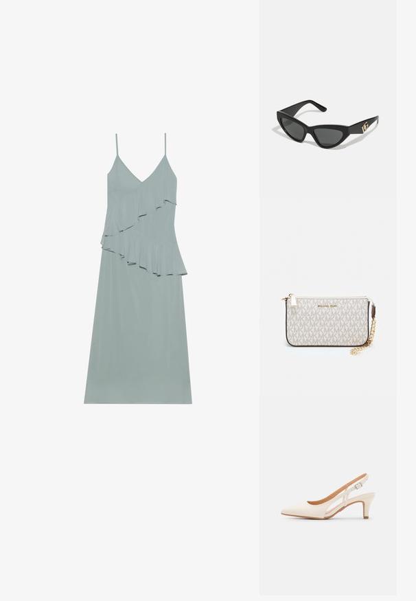 Gaiši zils bez piedurknēm kleita ar slāņotu volānu dizainu, taisnu apakšmalu un plānām siksniņām, izgatavota no gludas, vieglas auduma.; Baltas siksniņveida papēdis ar smailu purngalu, gludu augšējo materiālu, zemu blokpapēdi un sānu izgriezumu dizainu ar regulējamu sprādzi.; Kaķa acu saulesbrilles ar matētu melnu plastmasas rāmjiem, tumšiem stikliem un zelta logotipa akcentu uz tempļa. Stūrainā forma un gluda tekstūra.; Michaela Korsa rokassomi bez̦ā īšojuma, kas izgatavota no apklāta kanvas, iekļaujot atkārtotu MK logotipa rakstu, zelta aparatūru un noņemamu ķēdes siksnu.