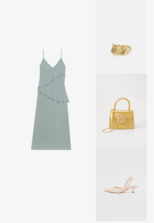 Hele sinine ilma varrukateta Kleit kihilise volangiga, sirge äärise ja õhukeste rihmadega, valmistatud siledast, kergest kangast.; Beežist lakitud nahast slingback kontsad terava nina ja peene ruudukujulise kontsaga. Sile tekstuur ja minimalistlik disain ilma kaunistusteta.; Kollane faux-krokodilli käsipindaga kott, millel on struktureeritud disain, ülemine käepide, eemaldatav kettmass ja dekoratiivne kristallkaunistus klambril.; Kuldne sõrmus tekstureeritud, lainelise disainiga, millel on kolm silmapaistvat tippu. Sile, läikiv pind ja avatud riba, mis võimaldab reguleeritavat sobivust.