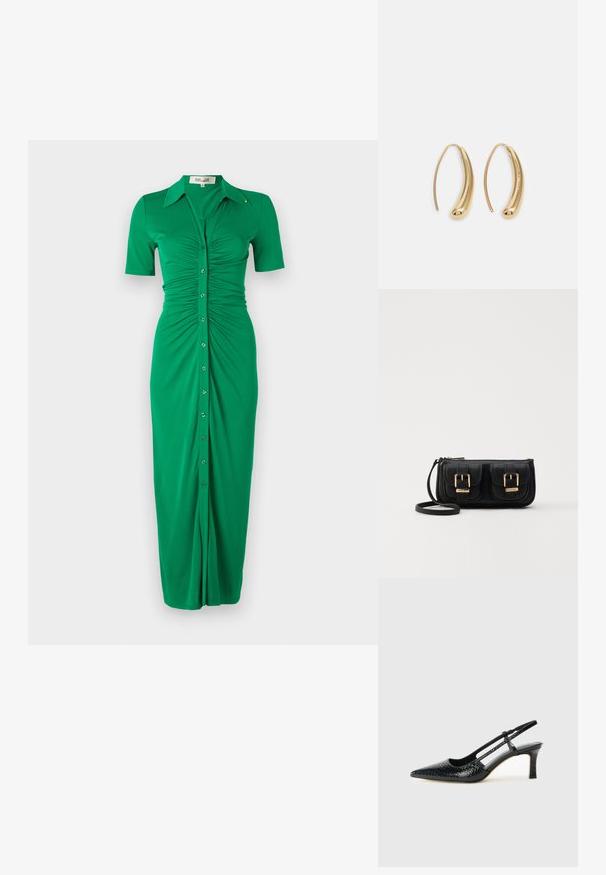 Rochie verde, cu nasturi, cu mâneci scurte, cu laterale drapate, guler și croială dreaptă. Confecționată dintr-un material moale și elastic.; Pantofi cu toc slingback negri din patent, cu vârf ascuțit, cu imprimeu de șarpe texturat, curea ajustabilă și toc scurt texturat.; Geantă neagră din piele, tip crossbody, cu două buzunare frontale, catarame aurii, închidere cu fermoar și o curea subțire. Suprafață texturată și formă rectangulară compactă.; Cercei din metal auriu, cu un design curbat și alungit. Au o suprafață netedă și strălucitoare, cu un vârf rotunjit pentru un detaliu suplimentar.
