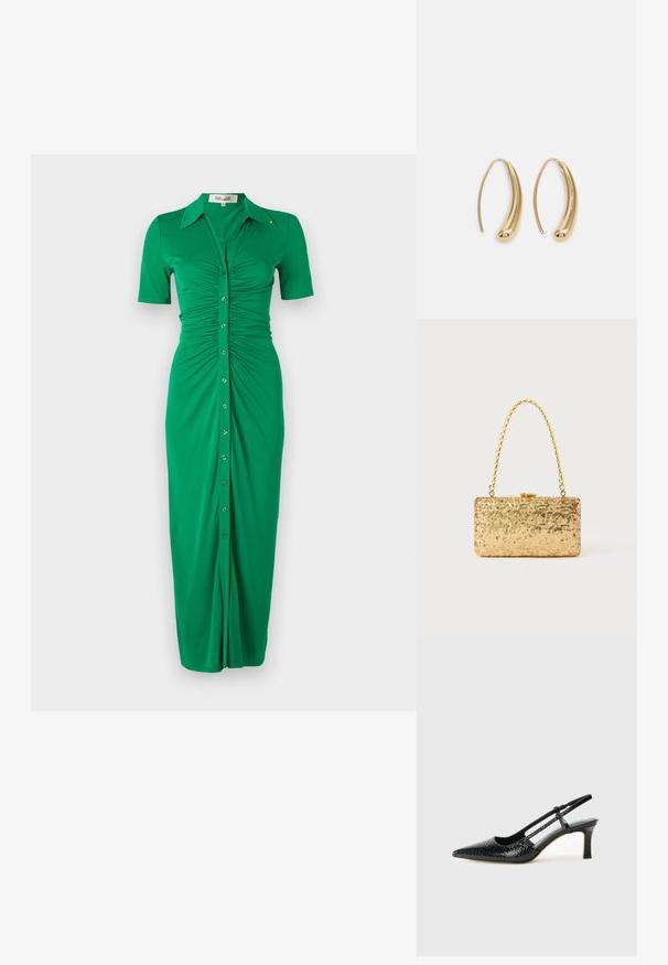 Robe verte à boutons avec des manches courtes, présentant des côtés froncés, un col et une coupe droite. Fabriquée en tissu doux et élastique.; Escarpin slingback en vernis noir avec un bout pointu, présentant un imprimé serpent texturé, une sangle réglable et un petit talon bloc texturé.; Pochette en sequins dorés de forme rectangulaire, dotée d'une poignée en chaîne torsadée et d'une fermeture à fermoir en métal, réfléchissant la lumière avec une finition texturée.; Boucles d'oreilles en métal doré en forme d'anneau, avec une forme courbée et allongée. Elles présentent une surface lisse et brillante avec une pointe arrondie pour un détail supplémentaire.