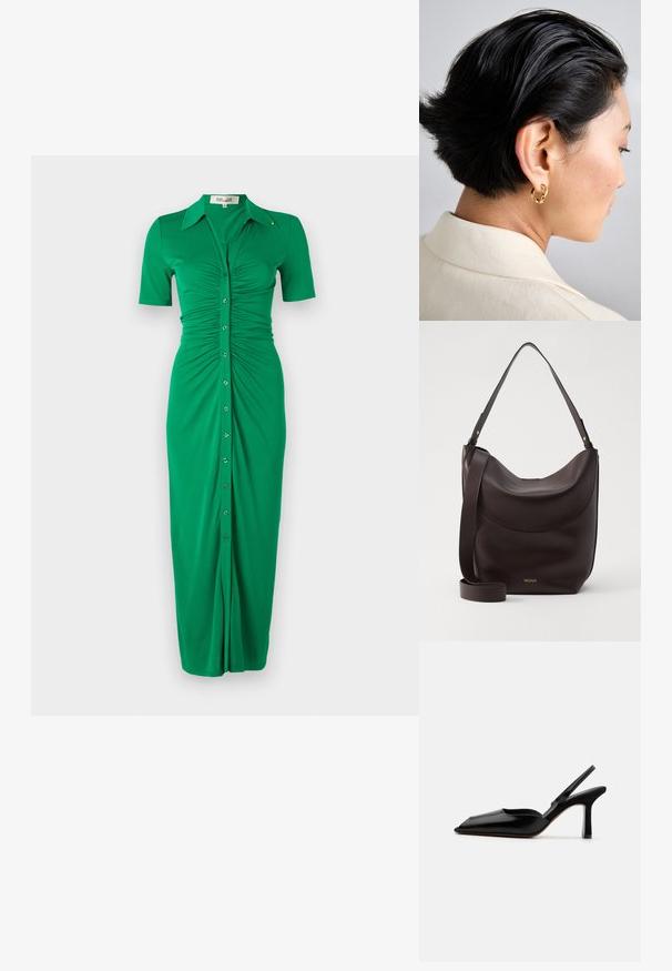 Zielona sukienka zapinana na guziki z krótkimi rękawami, z marszczonymi bokami, kołnierzykiem i prostym krojem. Wykonana z miękkiego, elastycznego materiału.; Czarne skórzane czółenka typu slingback z wąskim noskiem, minimalistyczny design, cienki pasek wokół kostki i elegancka szpilka. Gładka tekstura.; Ciemnobrązowa skórzana torba na ramię o zakrzywionym kształcie, z regulowanym paskiem i subtelnym złotym logo. Gładka faktura z minimalnymi akcentami.; Złota metalowa kolczyk w kształcie obręczy noszona na krótkich czarnych włosach, prezentowana z boku, ukazująca gładką, wypolerowaną teksturę i nowoczesny design.