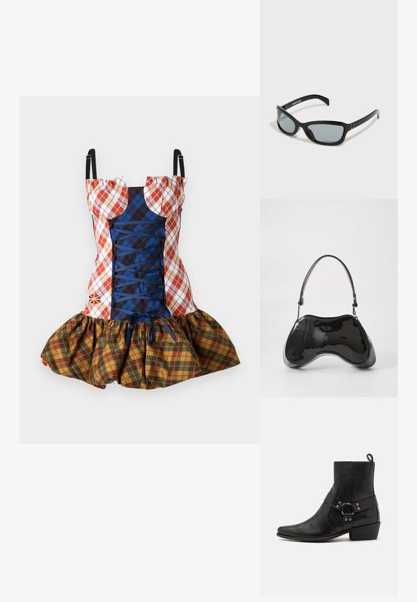 Šachmatinė suknelė su raudonomis, mėlynomis ir geltonomis detalėmis, elastinga ir surinkta volangų sijonėliu, bei su raišteliu priekyje su reguliuojamais petnešomis.; Juodi odiniai auliniai batai iki kulkšnies su smailiu priekiniu takeliu, šonine juostele su apvaliu aksesuaru ir žemu blokiniu kulnu. Lygi tekstūra.; Juodos saulės akinių su elegantišku, kampuotu dizainu. Turi pilkus objektyvus ir blizgius plastikinius rėmus. Apima mažus metalinius akcentus ir prekės ženklą ant šoninės dalies.; Juodas lakuotas odos rankinės maišelis su unikalia kreiva forma, trumpu reguliuojamu rankenėle ir užtrauktuku viršuje. Lygus tekstūra su subtiliu ženklinimu.