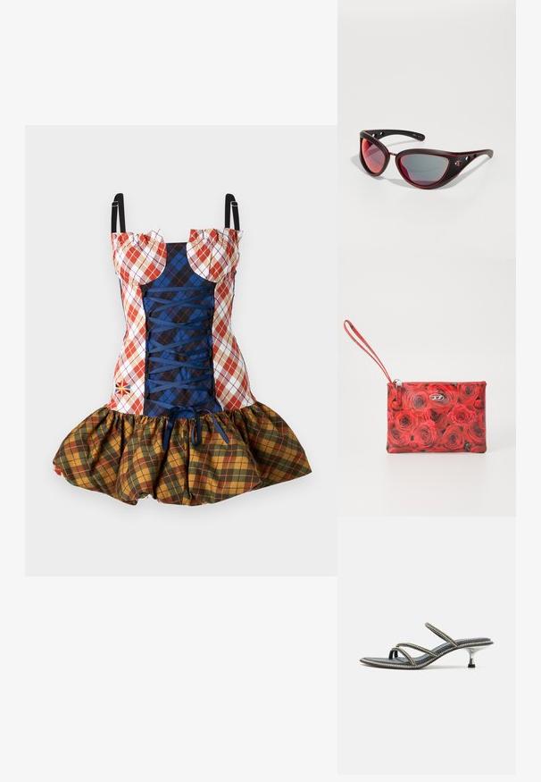 Checkered dress featuring red, blue, and yellow patterns, elastic and gathered ruffled skirt, and lace-up front with adjustable straps.; Denim sandal with three thin straps adorned with rhinestones, pointed toe, and a metallic, stiletto-style heel. Non-slip base.; Black and red sunglasses with a bold, cat-eye shape. Textured matte frames and reflective lenses with slight tint. Includes cutouts on arms.; Red floral wristlet pouch featuring a rose pattern, zip closure, silver hardware, and a wrist strap for convenient carrying.